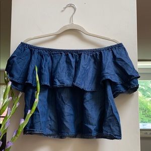 Off The Shoulder Denim Style Ruffled Crop Top